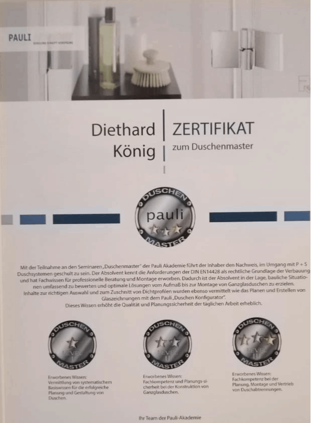Zertifikat Duschenmaster Glaserei König